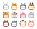 Animal notebooks labels. Cute pastel scrapbook tag sticker, notebook owner name frame with pet face and tag border