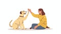 Animal and owner giving high five with paws and hands. Dog greeting owner with hi gesture. Human and animal friendship