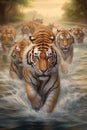 Animal painting of an ambush pride of tigers running across a river