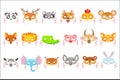 Animal Paper Masks Set Of Icons. Masks For Kids Carnival Costumes In Simple Colorful Style Isolated On White Background