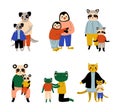 Animal parents and their kids set. Dog, penguin, raccoon, panda, frog, tiger families cartoon vector Royalty Free Stock Photo