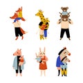 Animal parents and their kids set. Fox, giraffe, bear, pig, rabbit, zebra families cartoon vector illustration Royalty Free Stock Photo