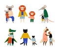 Animal parents and their kids set. Koala, lion, rat, crocodile, cat, horse families cartoon vector illustration Royalty Free Stock Photo