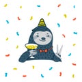 Animal party. Lazy sloth party. Cute sloth with champagne