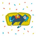 Animal party. Lazy sloth party. Cute sloth lying on the couch with TV remote. Vector illustration.