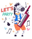 Animal party. The wildlife banquet is cheerful anniversary creatures in forest. Lets party, zebra plays electric piano