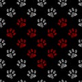 Animal paw print seamless black and white pattern. Red heart made of animal paw prints. Vector hand-drawn background Royalty Free Stock Photo