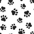 Animal paw print seamless pattern background. Business flat vector illustration. Dog or cat pawprint sign symbol pattern.