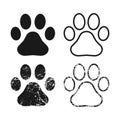 Animal paw print vector icon. Dog or cat footprint trail sign with grunge texture. Pet foot shape mark symbol.