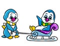 Animal penguin little surprise scarf sled ride character cartoon illustration