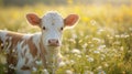 animal photography, cute young calf in green grass, close-up, soft sunny morning light.