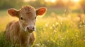 animal photography, cute young calf in green grass, close-up, soft sunny morning light.