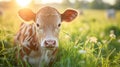 animal photography, cute young calf in green grass, close-up, soft sunny morning light.