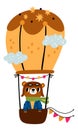 Animal pilot. Cartoon grizzly character in aircraft. Cute bear flying in hot air balloon. Sky transportation. Traveling