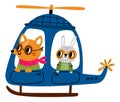 Animal pilot. Cute cartoon character in aircraft. Fox and rabbit flying in helicopter. Mammal piloting chopper with hare