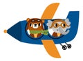 Animal pilot. Cute cartoon characters in aircraft. Bear and elephant flying in airplane. Wild mammal piloting plane. Sky