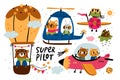 Animal pilots. Cartoon characters in aircrafts. Funny air transport with aviators. Bear flying on balloon. Fox and hare