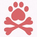 Animal pirate flag with paw and cross bones. Pink funny dog logo.Vet doodle vector illustration.