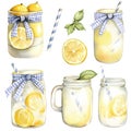 Illustrated jars of lemonade are decorated with blue checkered ribbons and striped straws Royalty Free Stock Photo