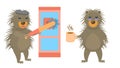 Animal Porcupine Smashes A Phone Booth With A Bat, Tired With A Cup Of Coffee Vector