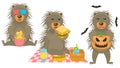 Animal Porcupine Watching A Movie With Popcorn, With A Pumpkin And Bats Around, Eating A Sandwich On A Picnic Vector