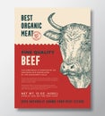 Animal Portrait Organic Meat Abstract Vector Packaging Design or Label Template. Farm Grown Beef Steaks Banner. Modern