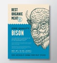 Animal Portrait Organic Meat Abstract Vector Packaging Design or Label Template. Farm Grown Bison Steaks Banner. Modern