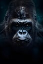 gorgeous colored frontal portrait of a male gorilla against a dark background