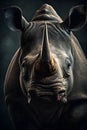 colored frontal portrait of a rhinoceros in front of a dark background