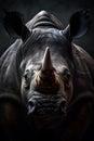 colored frontal portrait of a rhinoceros in front of a dark background