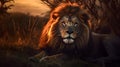 Animal Power - male lion lies in the steppe of africa