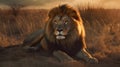 Animal Power - male lion lies in the steppe of africa