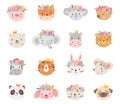 Animal princesses in crown. Floral crowns on princess, queen dog cat bunny and coala. Cartoon animals avatars, wild and