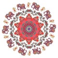 Animal print for children. Cute cartoon elephants and monkeys with clematis and flower-mandala in indian style.