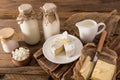 Animal products, farmed dairy products on a wooden brown table