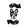 Animal protection. Hands protect the dog. Animal safety symbol.