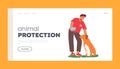 Animal Protection Landing Page Template. Friendly Volunteer Feeding Dog on Street, Shelter Or Pound Vector Illustration