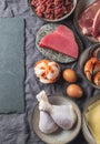 Animal protein sources background with copy space. Carnivore diet concept. Meat, cheese, fish, eggs and seafood Royalty Free Stock Photo
