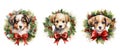 animal puppy in christmas wreath watercolor ai generated