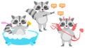 Animal Raccon Washes In The Bath, Devil With Horns And Trident, Surprised By The Discounts Vector