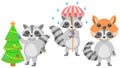 Animal Raccons Decorates The Christmas Tree, Fox Hat, With An Umbrella In The Rain Vector
