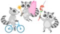 Animal Raccons Riding A Bicycle, Fairy With Wings And A Magic Wand, Cuts An Apple With A Katana Vector