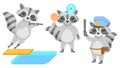 Animal Raccoons Jumping Into The Pool, Policeman With Baton, Ophthalmologist With Scapula Vector