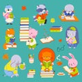 Animal reading and study. Cute cartoon elephant, bunny and lion read books. Smart wild animals, back to school childish