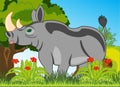 Animal rhinoceros on background of the flowering nature