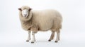 Animal rights concept A calm white sheep with a thick woolly coat, standing against a plain white background