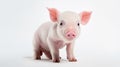 Animal rights concept A cute small piglet with pink skin standing against a white background