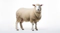 Animal rights concept well-groomed sheep thick woolly coat standing against a white Royalty Free Stock Photo