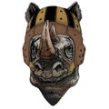 Rhinoceros, rhino portrait. Rugby leather helmet. Head of wild animal.