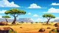 An animal safari poster with an African savannah landscape. A modern illustration of a sandscape in Africa with trees